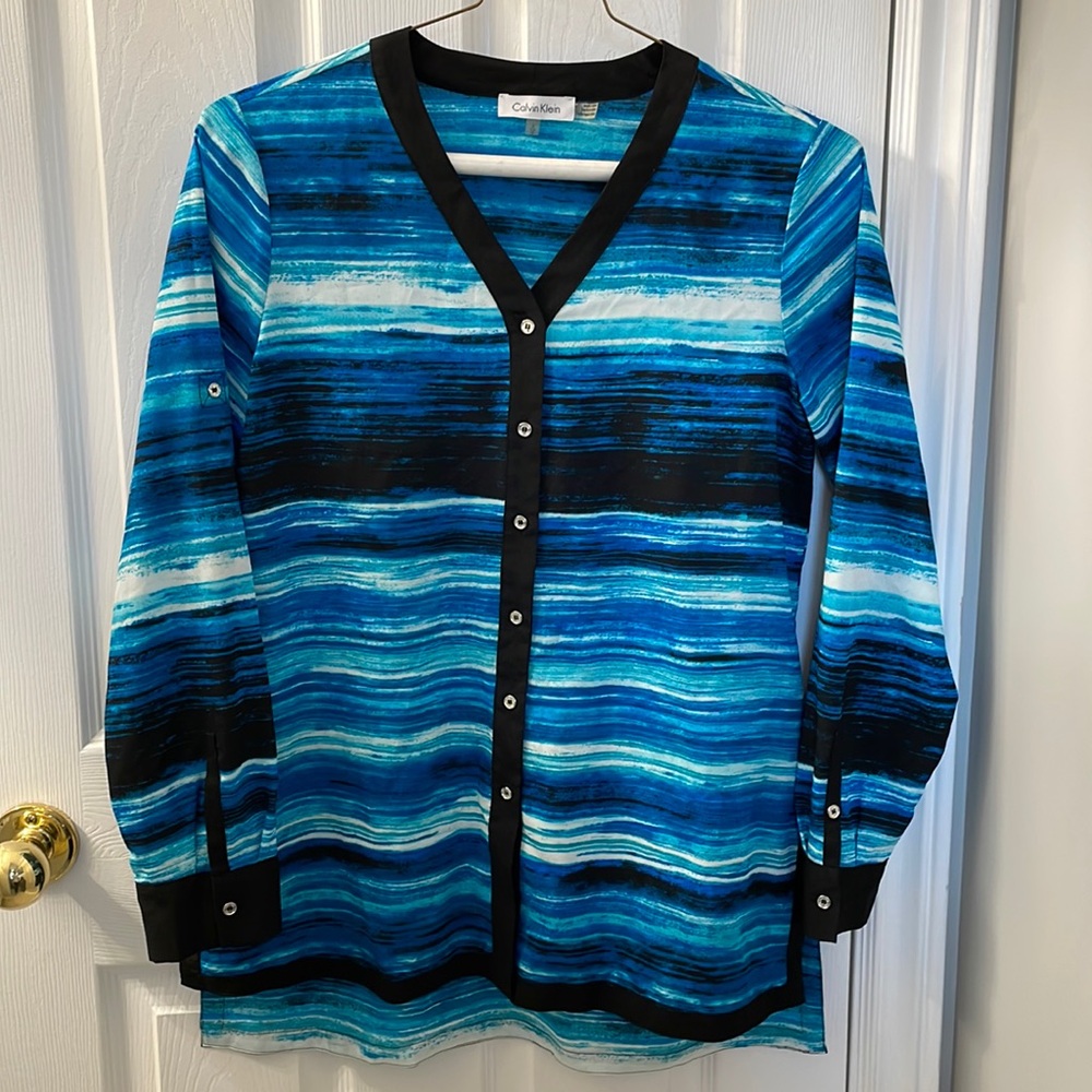 Calvin Klein Multi Colour Blue Turquoise Aqua Black and Blouse Shirt Top size S